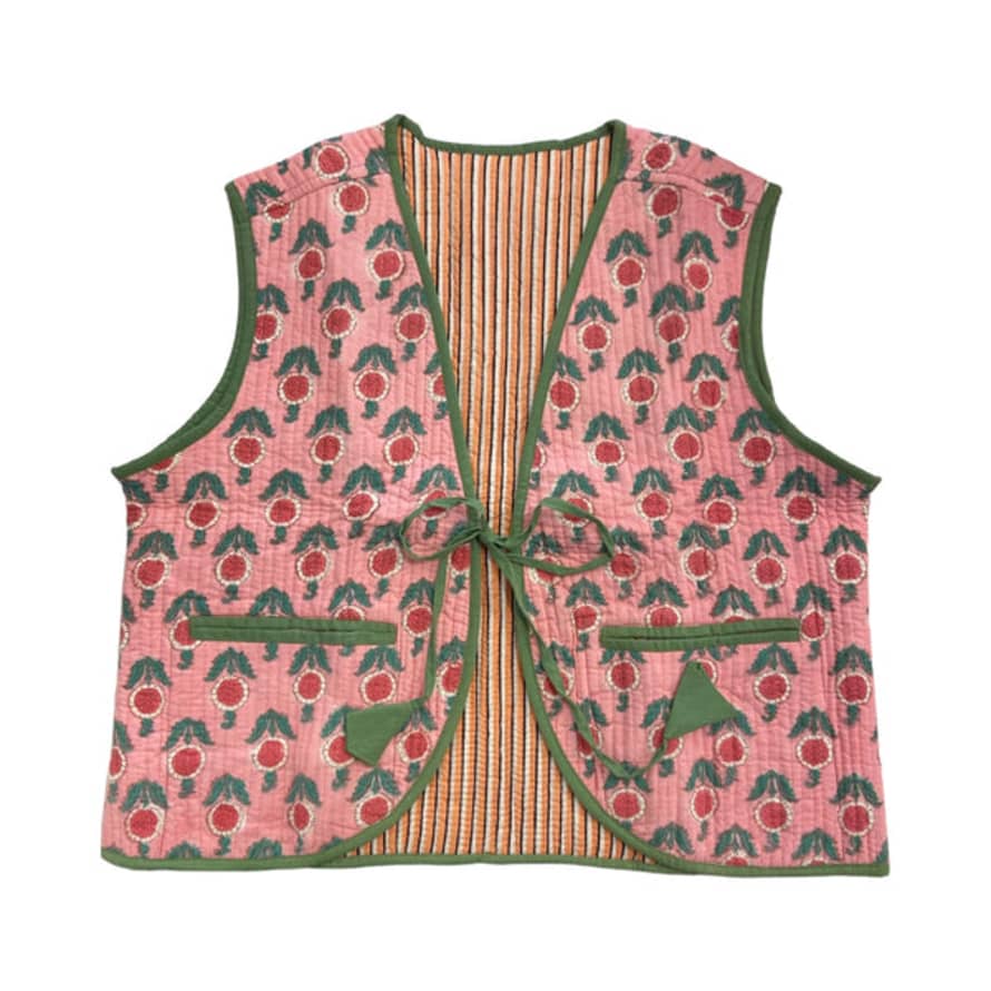 Vani Kantha Waistcoat Cotton Quilted Block Print Pink Floral