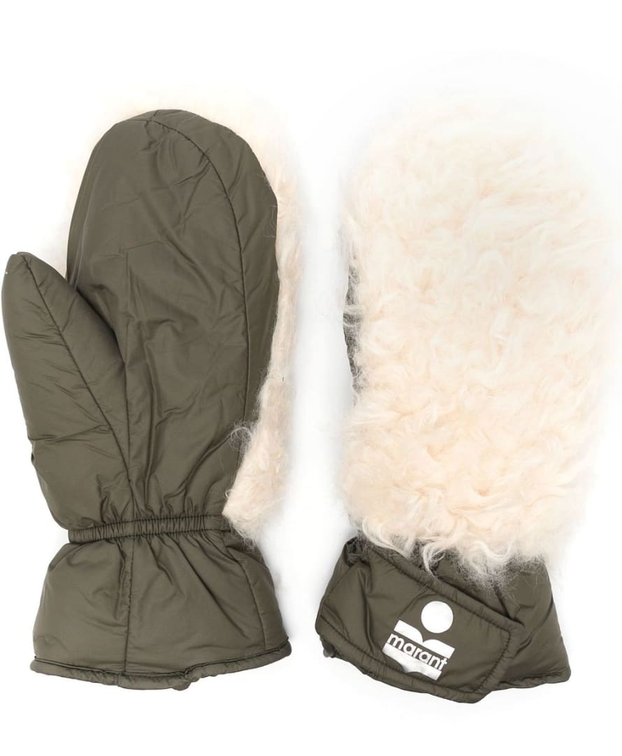 Isabel Marant Dark Green Naerka Shearling Panel Mittens Gloves