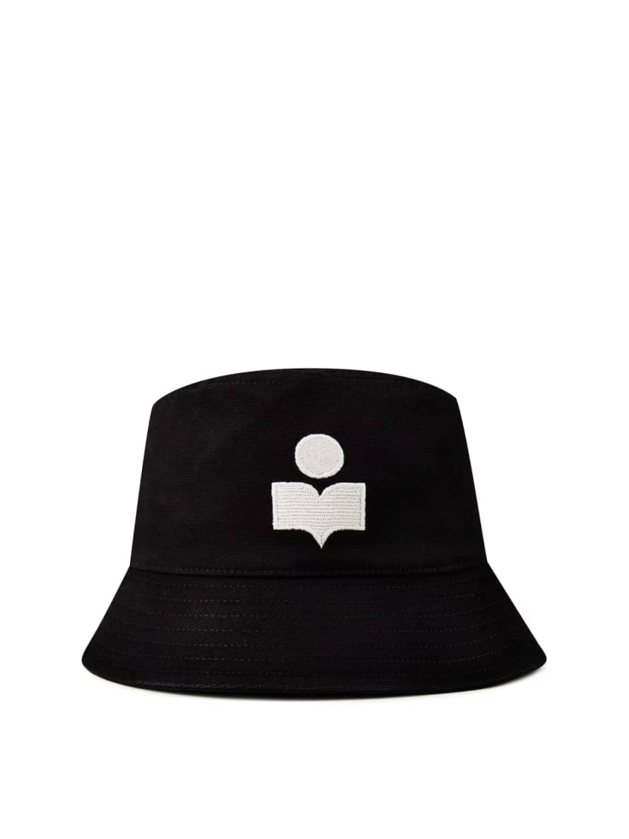 Isabel Marant Black and Ecru Haley Embroidered Logo Bucket Hat