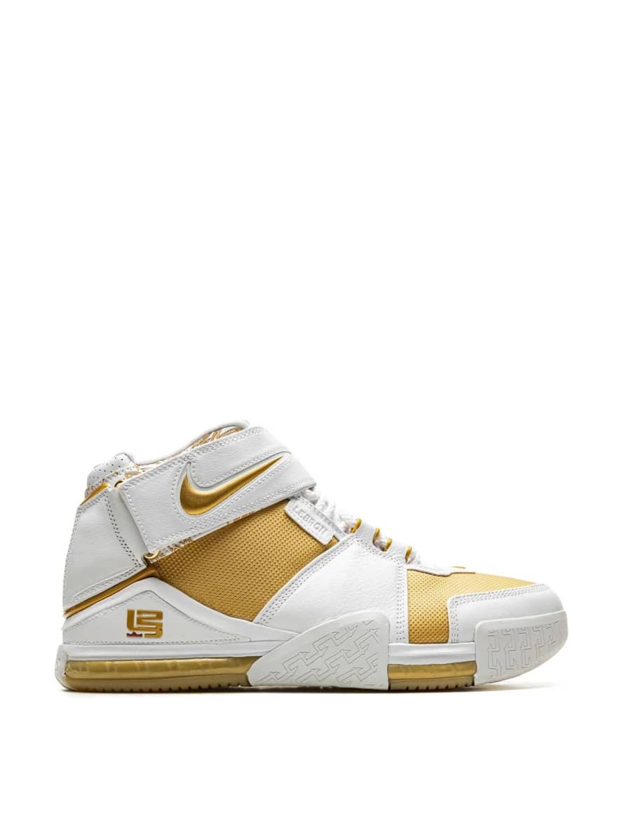 Nike White and Metallic Gold Zoom Lebron II Sneakers