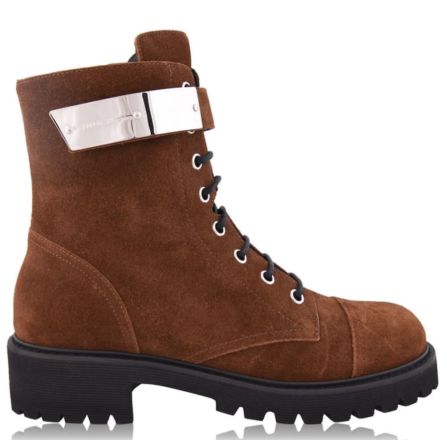 GIUSEPPE ZANOTTI Brown Metallic Logo Strap Combat Boots