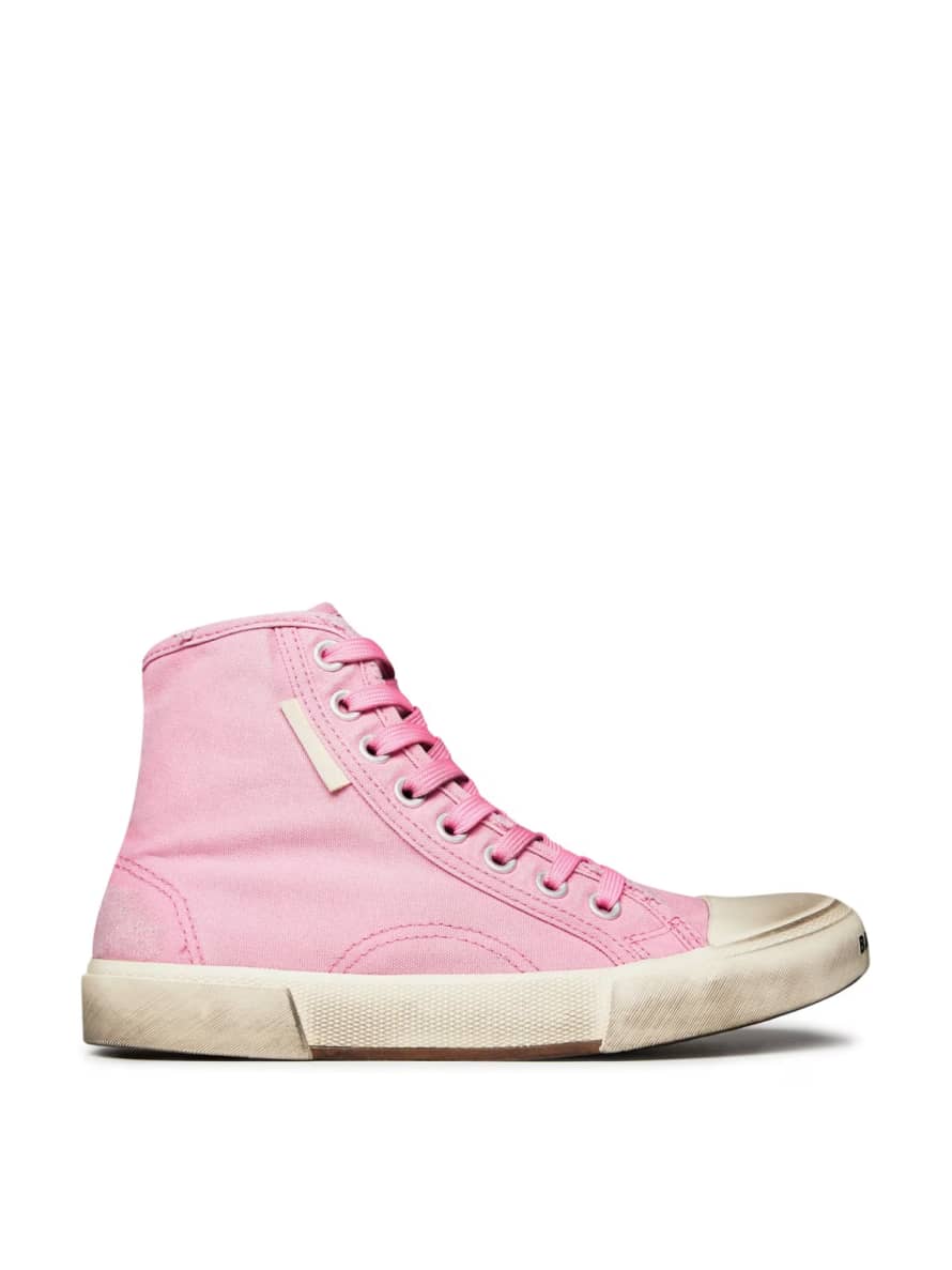 Balenciaga Pink and White Paris Vulc Destroyed Fabric Hi Top Sneakers