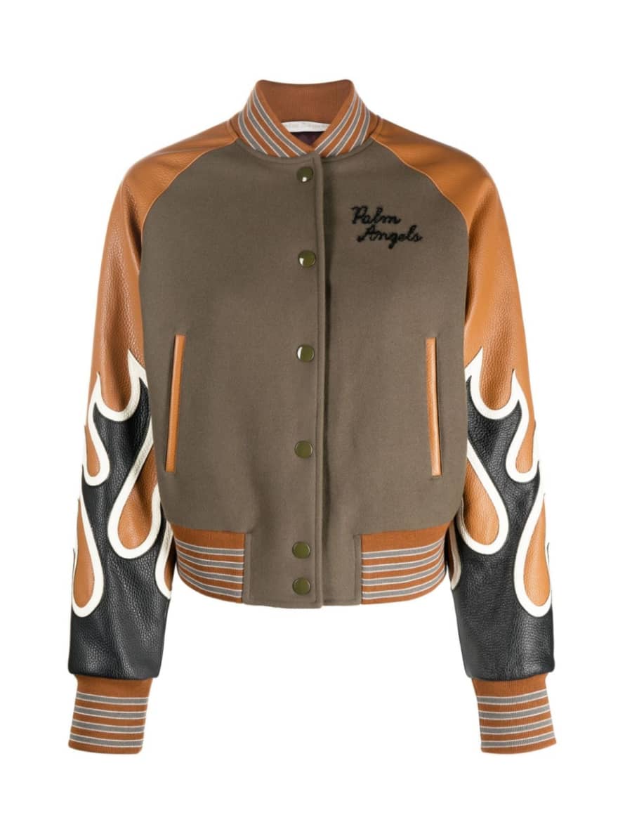 Palm Angels Black Burning Flames Leather Varsity Jacket