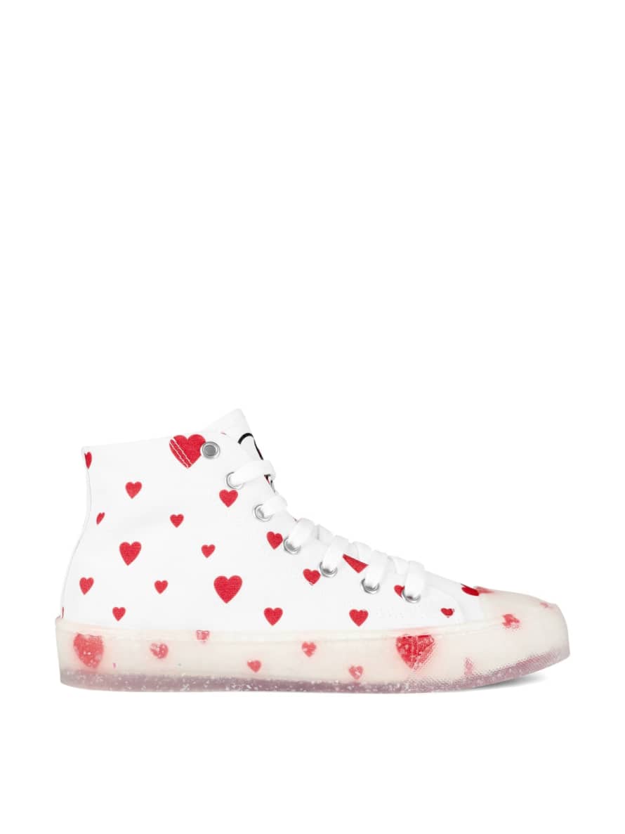 MOSCHINO White and Red Heart Logo High Top Sneakers