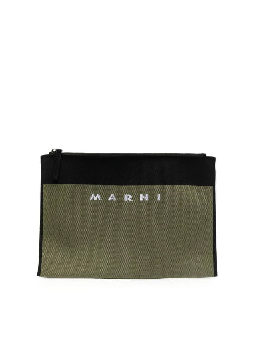 Marni Green Logo Embroidered Zip Clutch Bag