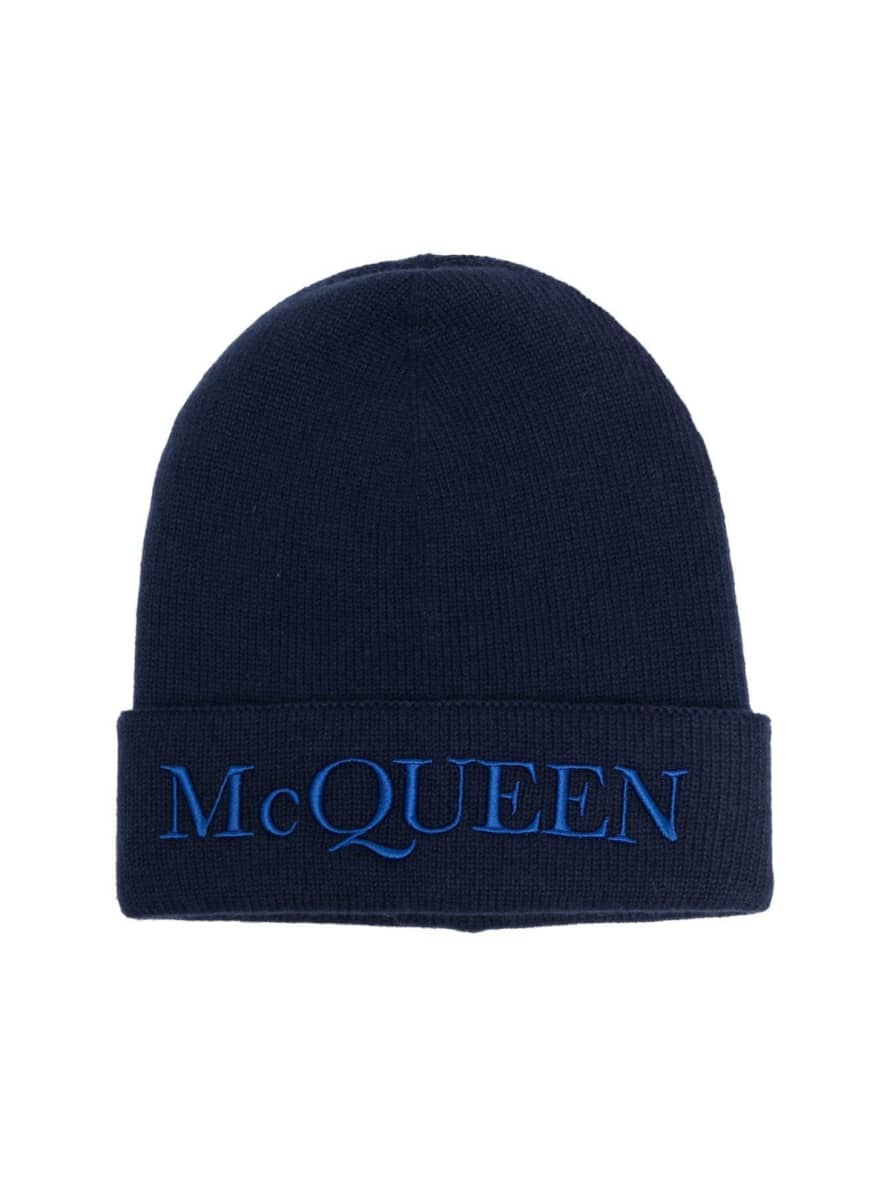 Alexander McQueen  Navy Blue Logo Embroidered Cashmere Beanie