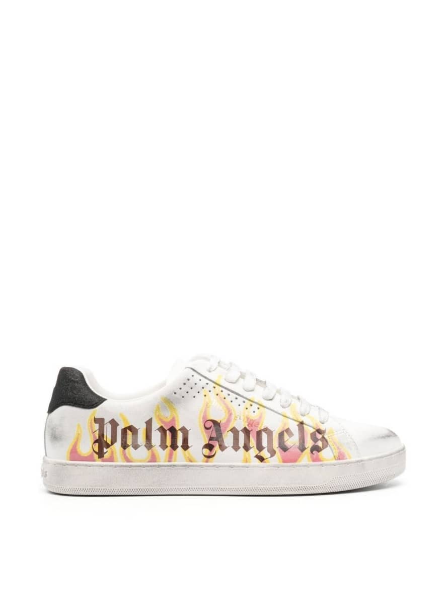 Palm Angels White and Yellow Spray Print Flame Logo Sneakers