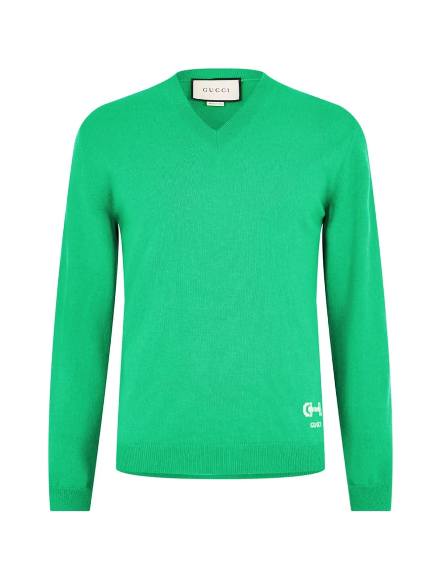 Gucci Green V Neck Horsebit Logo Cashmere Sweater