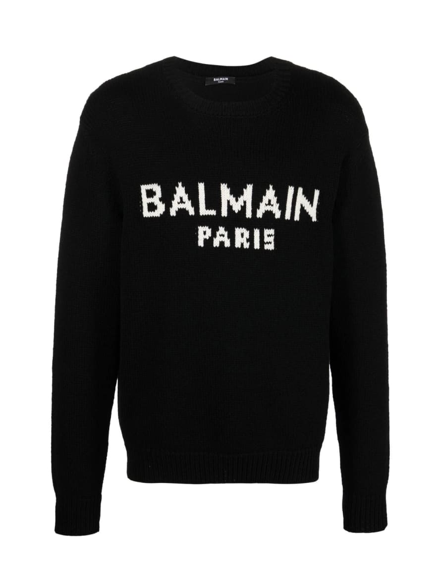 Balmain Black and White Merino Wool Logo Intarsia Sweater