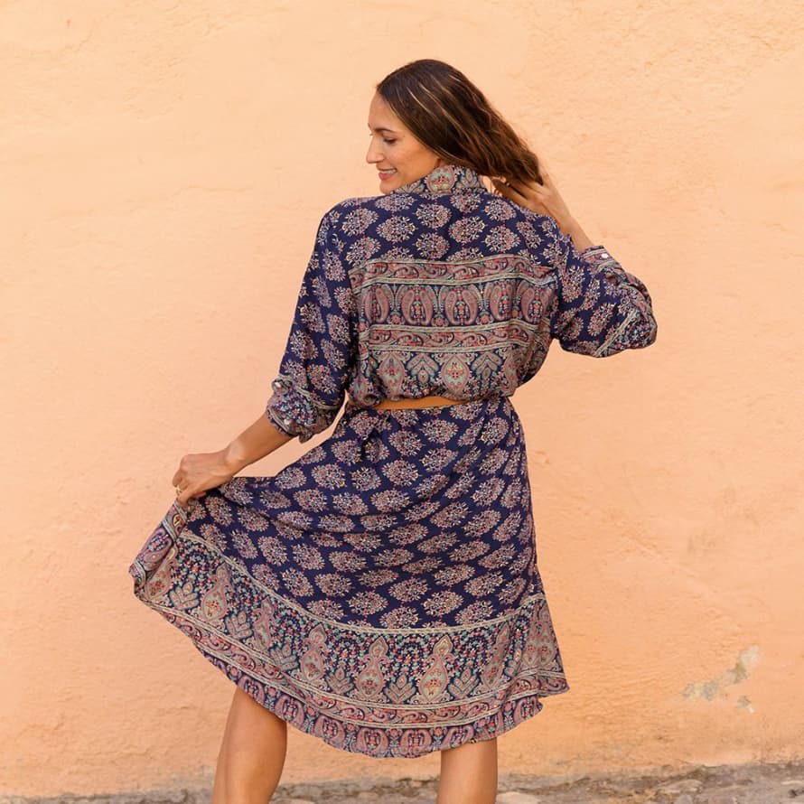 Powell Craft 'Sasha' Buttoned Navy Floral Paisley Shirt Dress