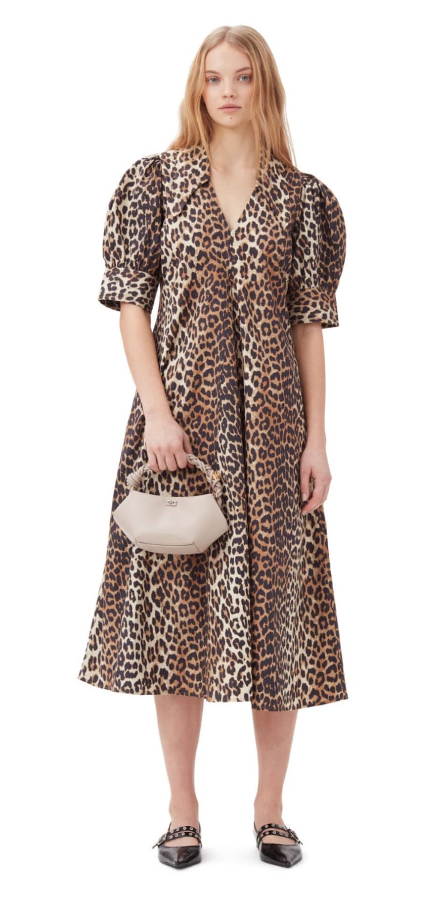 Ganni Ganni Leopard Cotton Poplin V-neck Maxi Dress