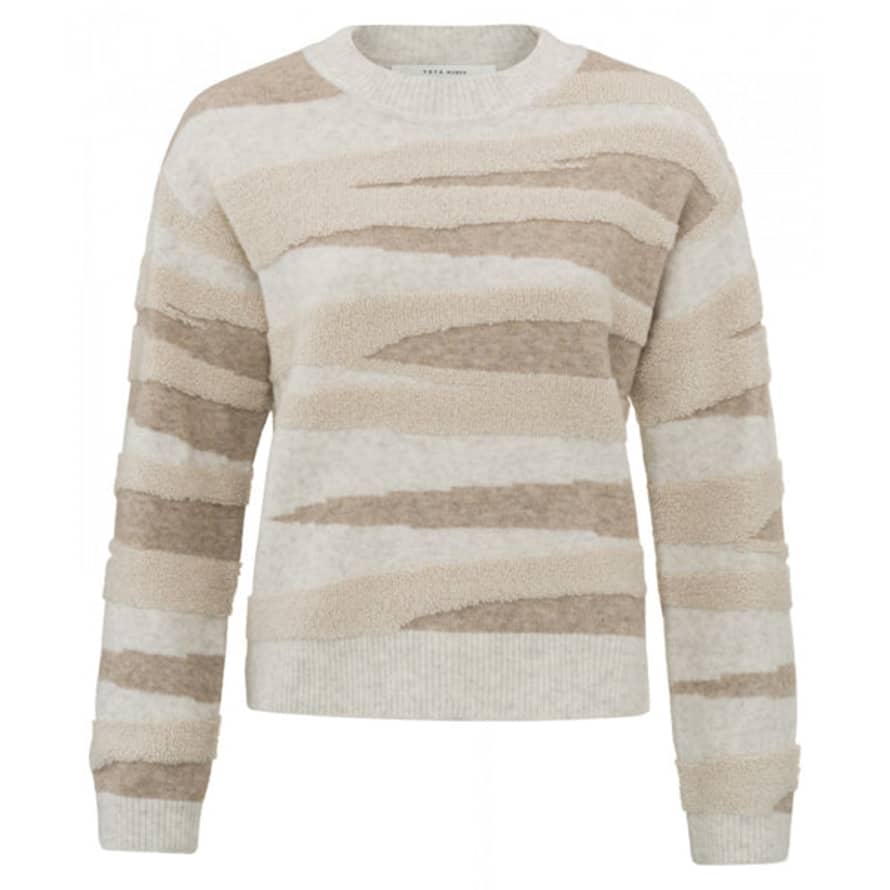 Yaya Beige Melange Long Sleeves and Textured Pattern Crewneck Sweater 