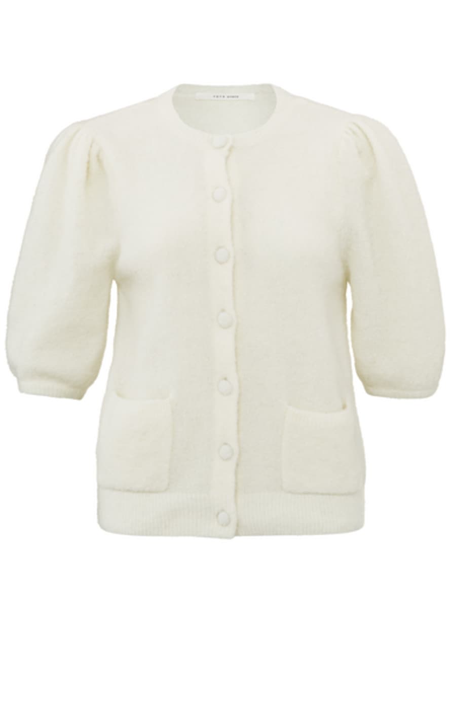 Yaya Wool White Short Puff Sleeves Cardigan 