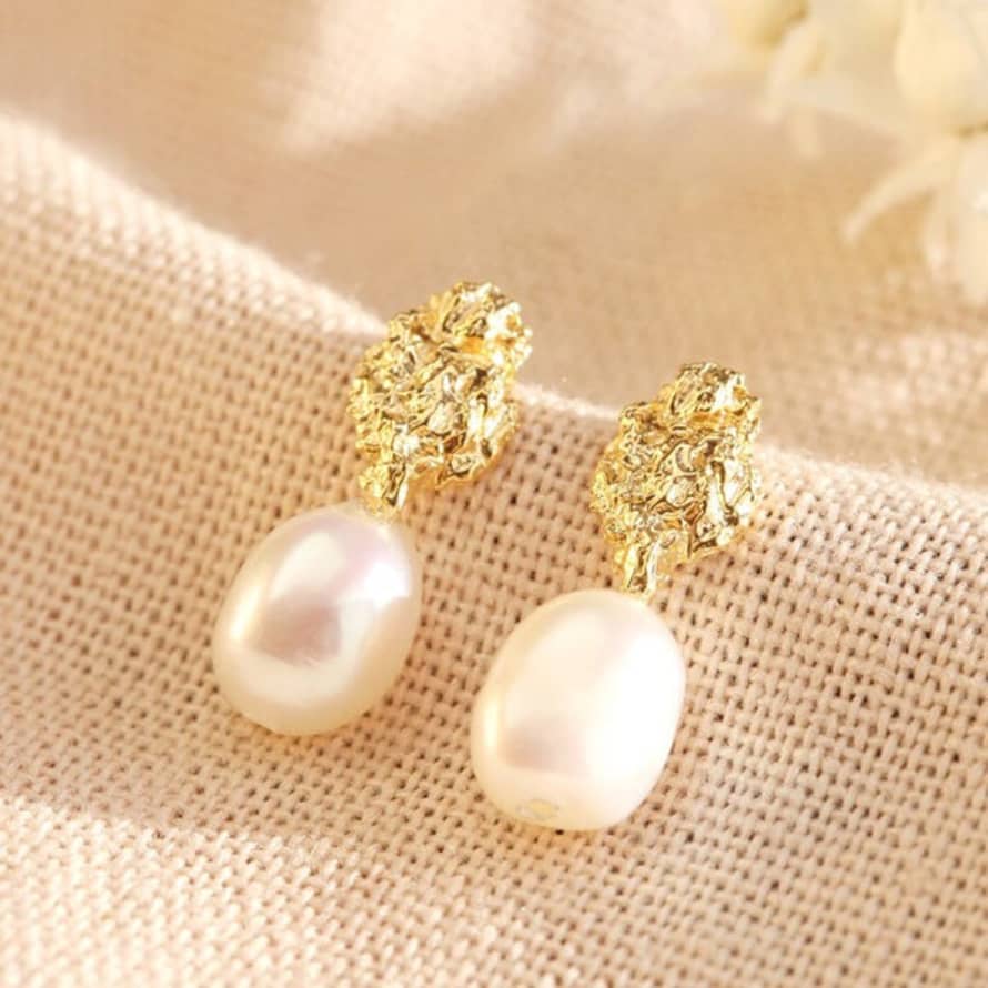 Lisa Angel E067 14k Gold Irregular Hammered Effect Pearl Earrings