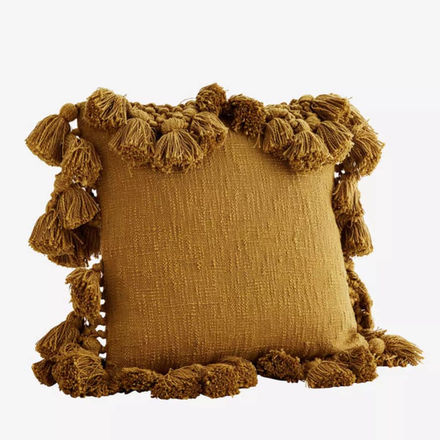 Madam Stoltz Bohemian Tassel Cushion Mustard