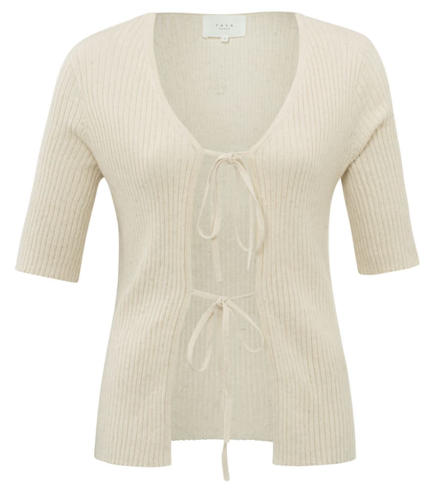 Yaya Light Beige Melange Rib Knitted Half Sleeves and Bow Detail Cardigan 