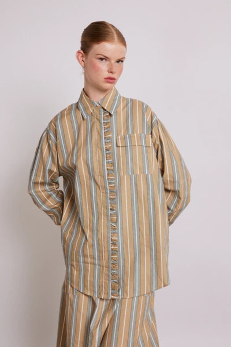 Damson Madder Kylie Ruffle Shirt - Tan Stripe