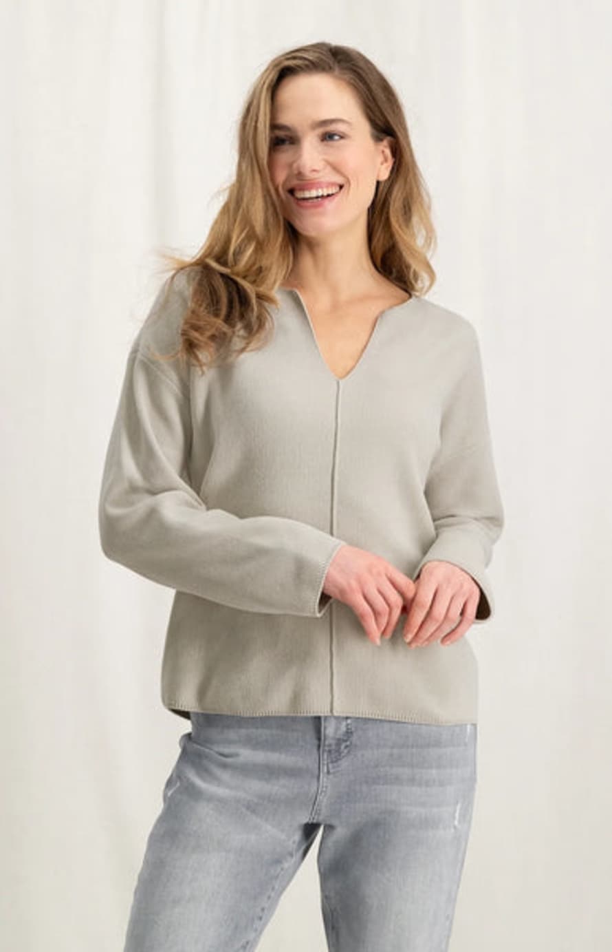 Yaya Silver Lining Beige Long Sleeves V Neck Chenille Sweater with Seam Detail 