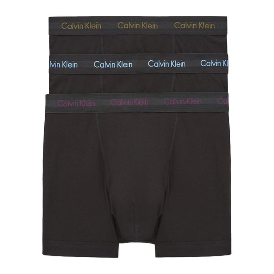 Calvin Klein Cotton Stretch Trunks - Black With Purple/active Blue/army Logo