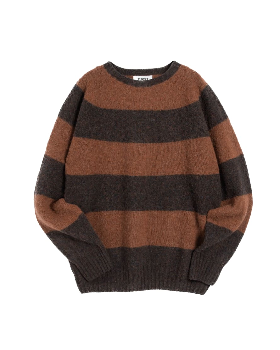 YMC Suedehead Stripe Crew Knit - Brown Stripe