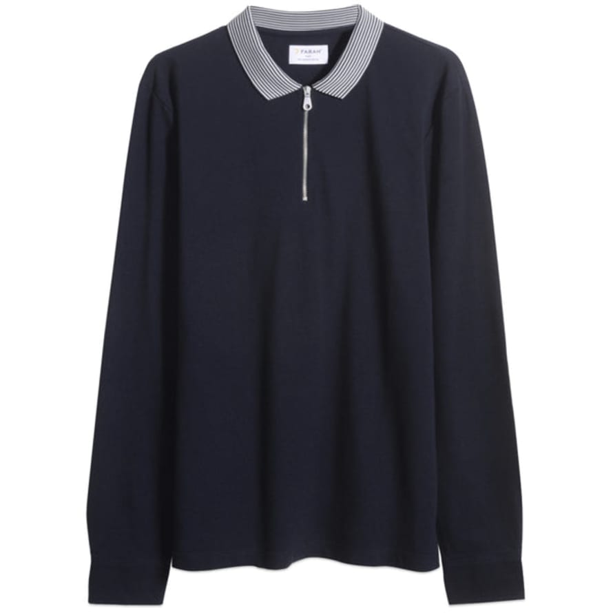 Farah Vancouver Long Sleeve Striped Collar Zip Polo - True Navy