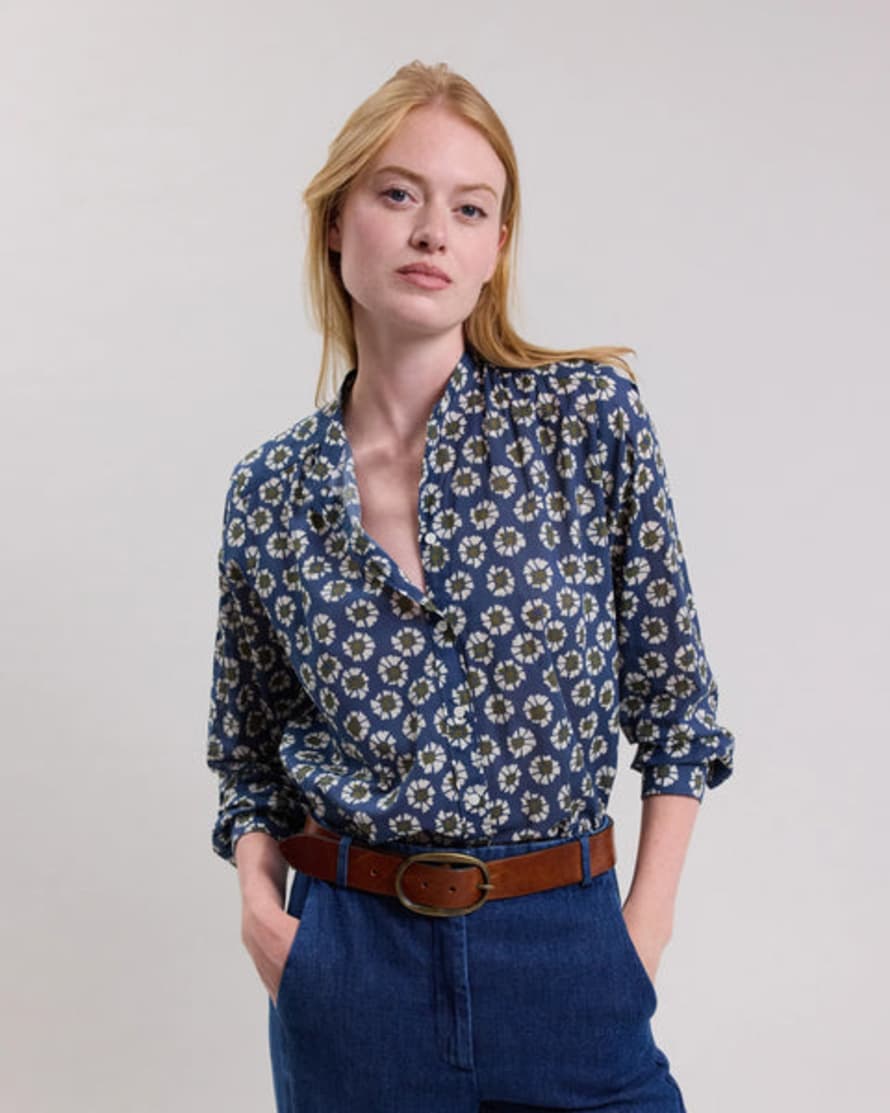 Hartford Coda Women's Blue Flower Print Cotton Shirt