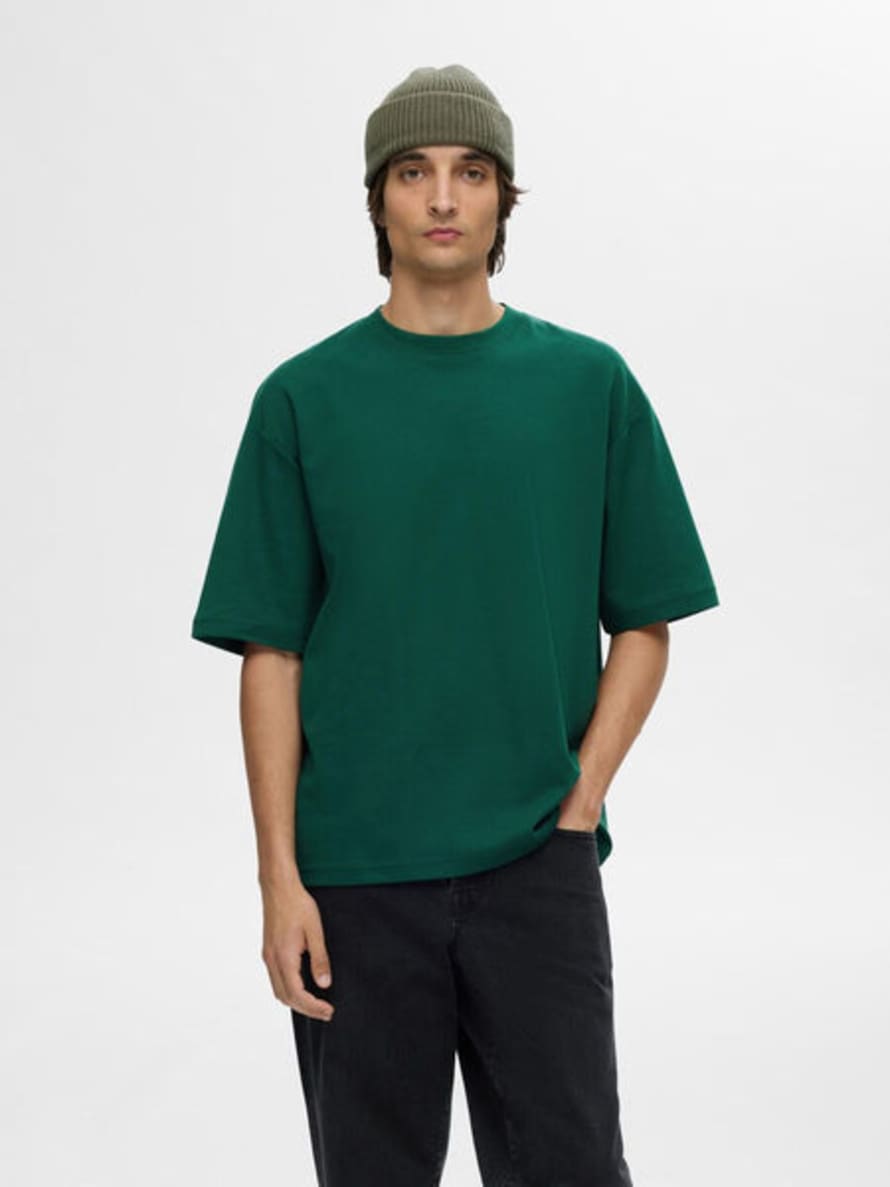 Selected Homme Loose Oscar O Neck Tee Rain Forest