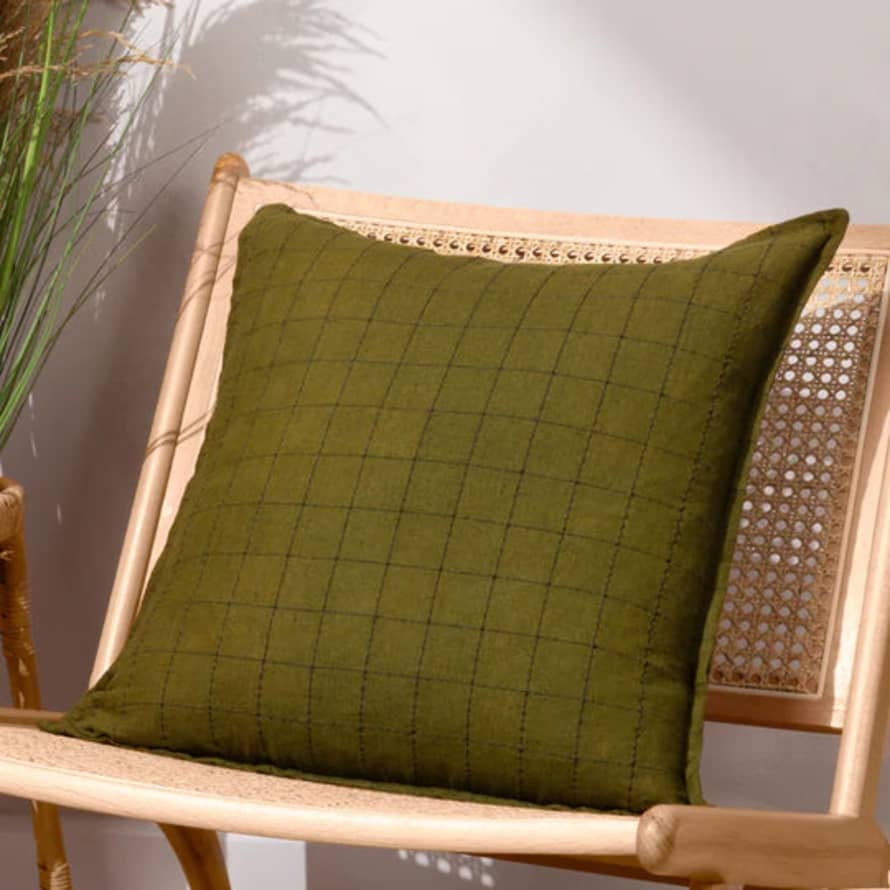 Persora Linen Grid Check Cushion In Olive