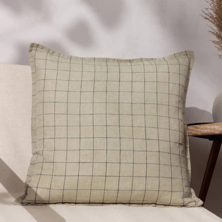 Persora Linen Grid Check Cushion In Stone