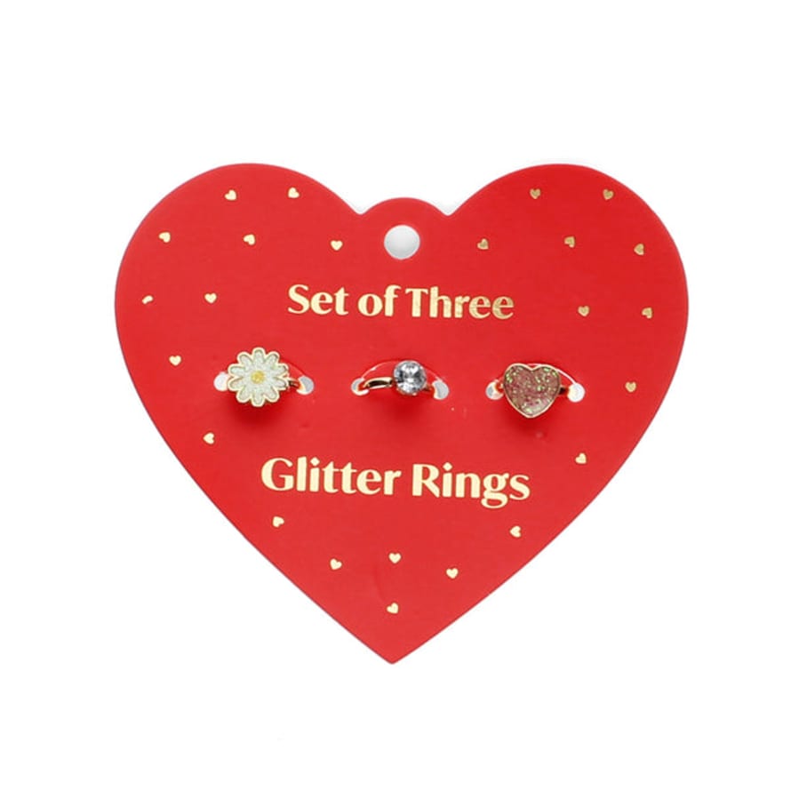 Rex London Glitter Rings On Heart Card (set Of 3)