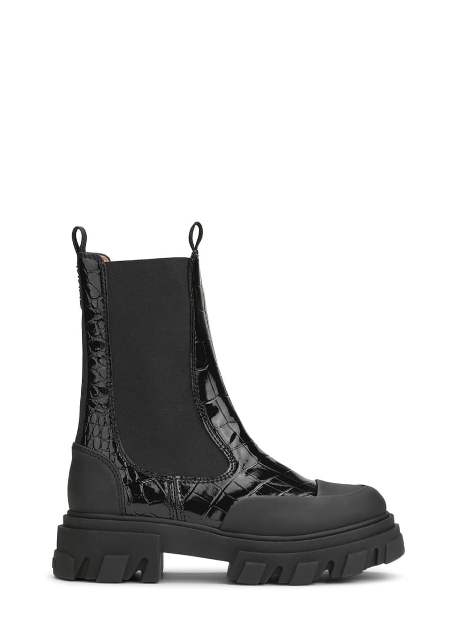 Ganni Cleated Mid Chelsea Boots - Patent Black Croco