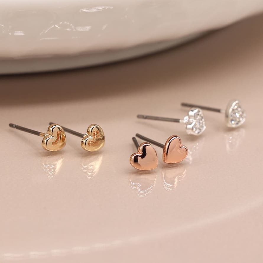  POM Jewellery Set of 3 Gold and Silver Heart Stud Earrings 