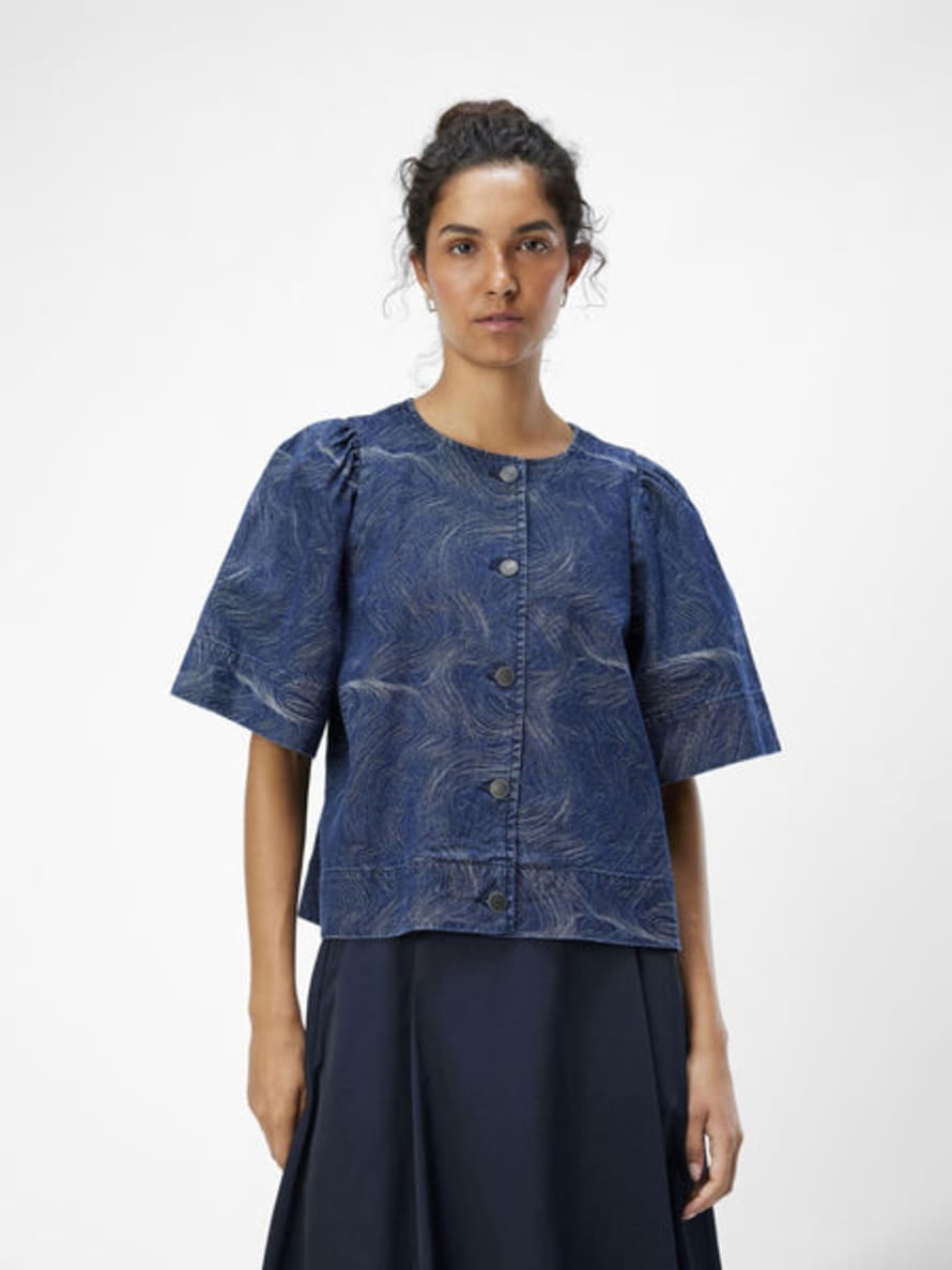 Object Printed Dark Blue Denim Shirt