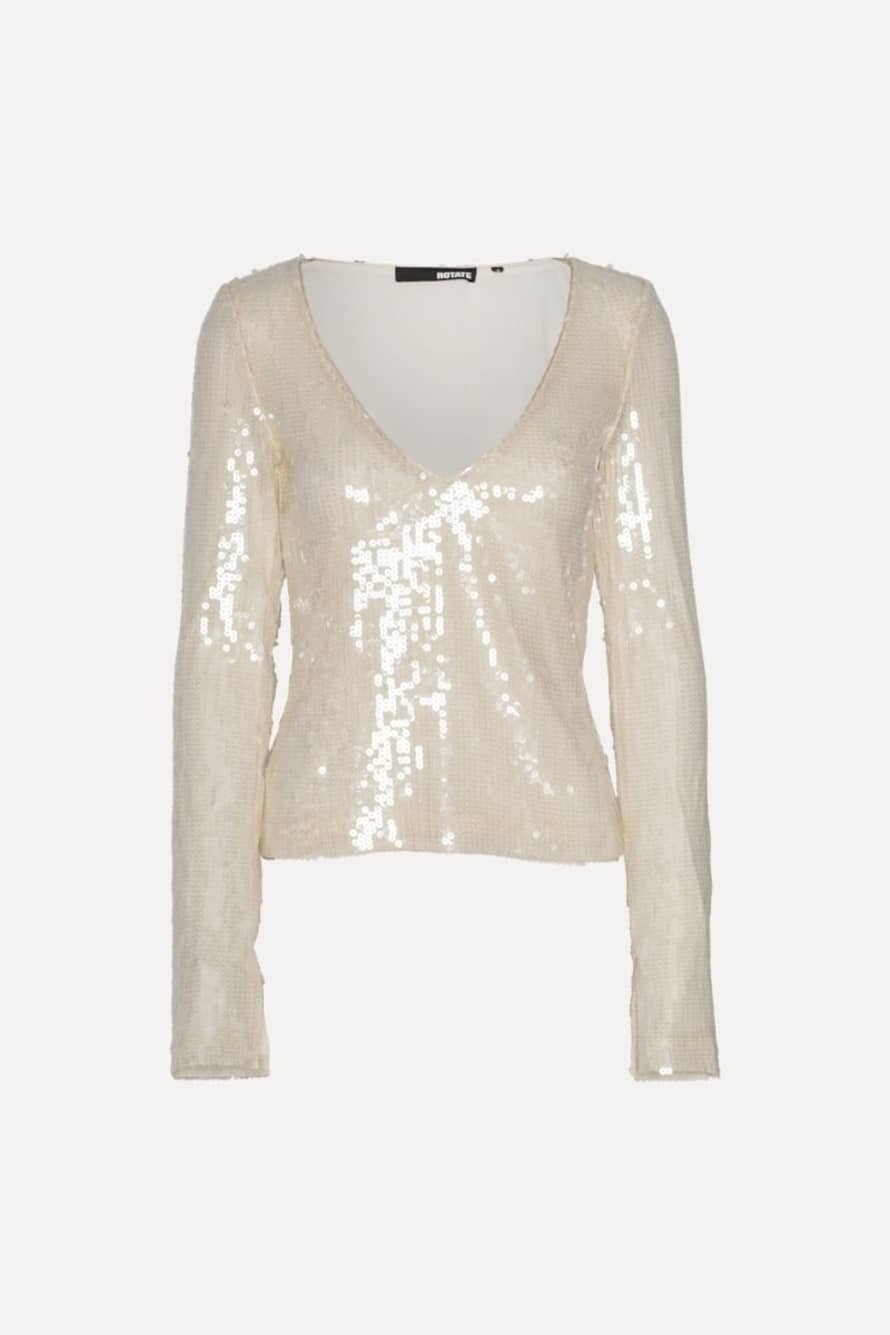 ROTATE Birger Christensen Sequin V Neck Top Ecru