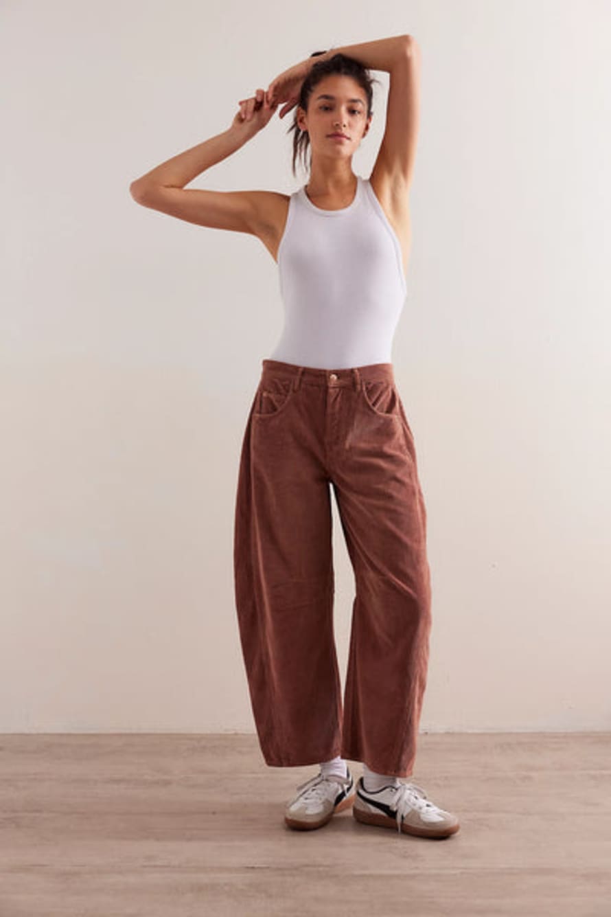 Free People Good Luck Mid-Rise Cord Barrel Jeans In Emperador