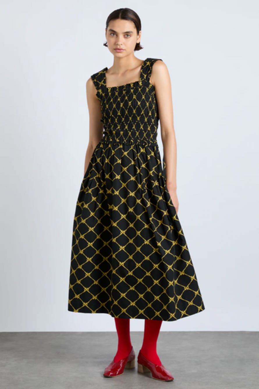 Damson Madder Tish Black With Yellow Bows Midi Dress