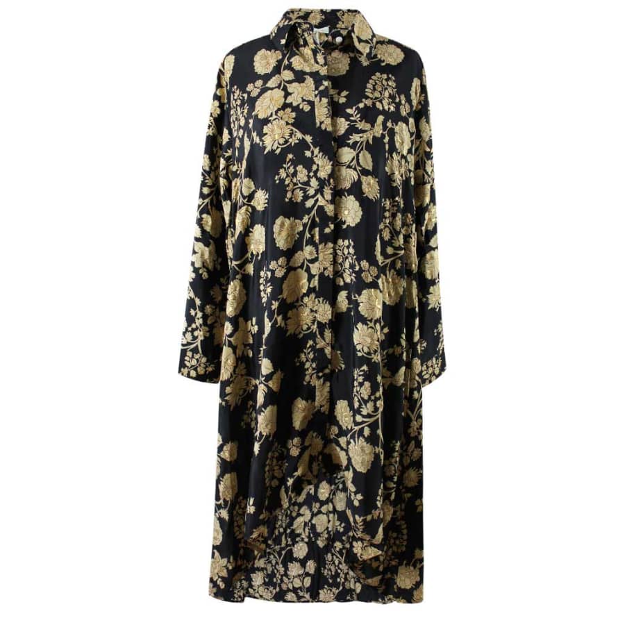 Powell Craft 'Kimber' Buttoned Black & Gold Floral Shirt Dress