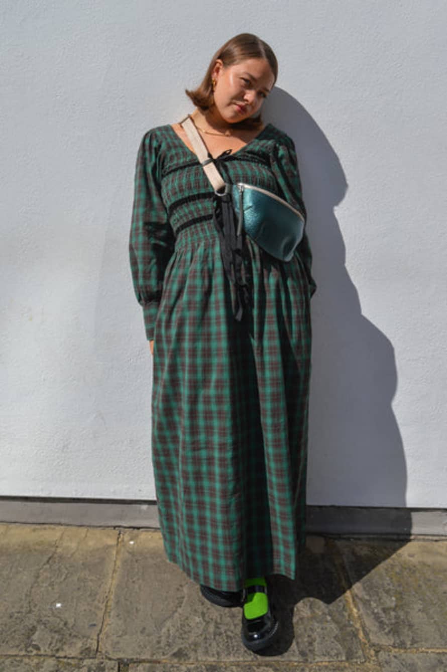 Damson Madder Elle Green Check Shirred Midi Dress