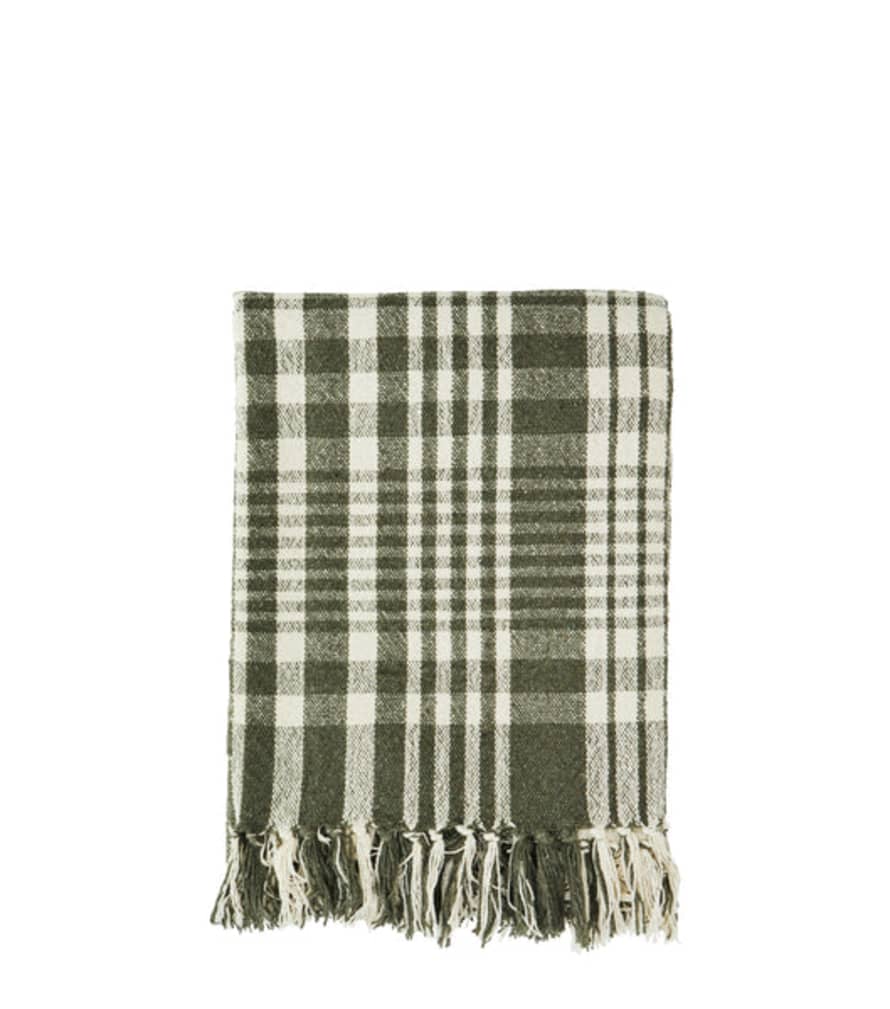 Madam Stoltz Recycled Cotton Checked Throw In Olive 175cm