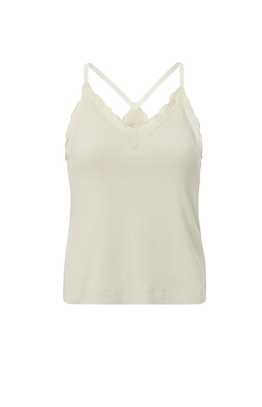 Yaya Singlet With Woven Details, V-neck, Ruffles And Cross Straps, Moonstruck Grey