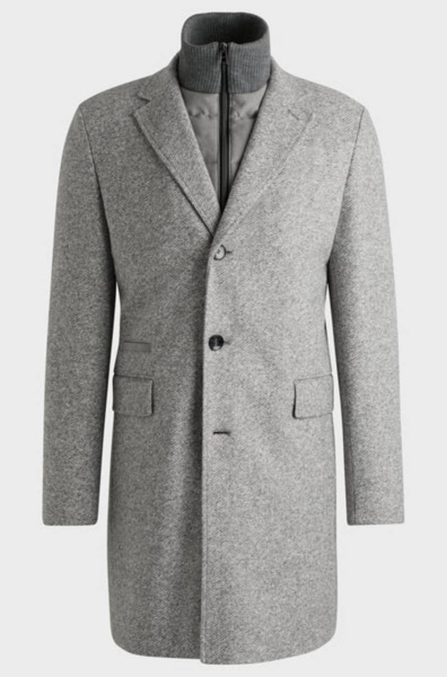 Hugo Boss H-Hyde-J-Bib Medium Grey Herringbone Slim-Fit Coat With Detachable Inner 50528131 030