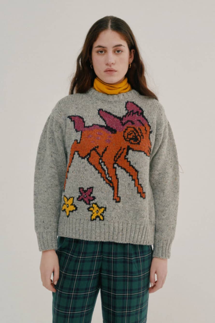 Howlin' Acid Deer With Flowers Grey Knit Pullover