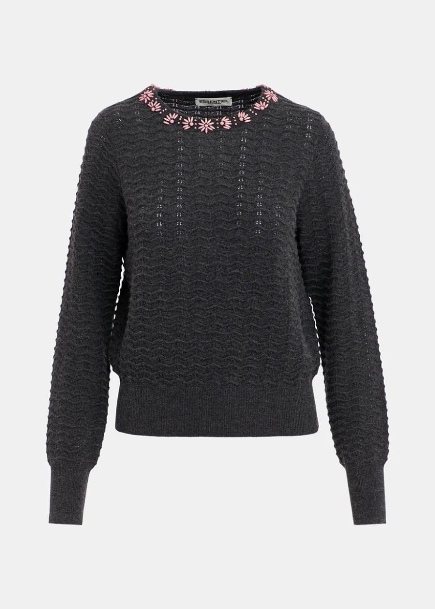 Essentiel Antwerp Dark Grey Ribbed Grazia Sweater with Jewelled Neck