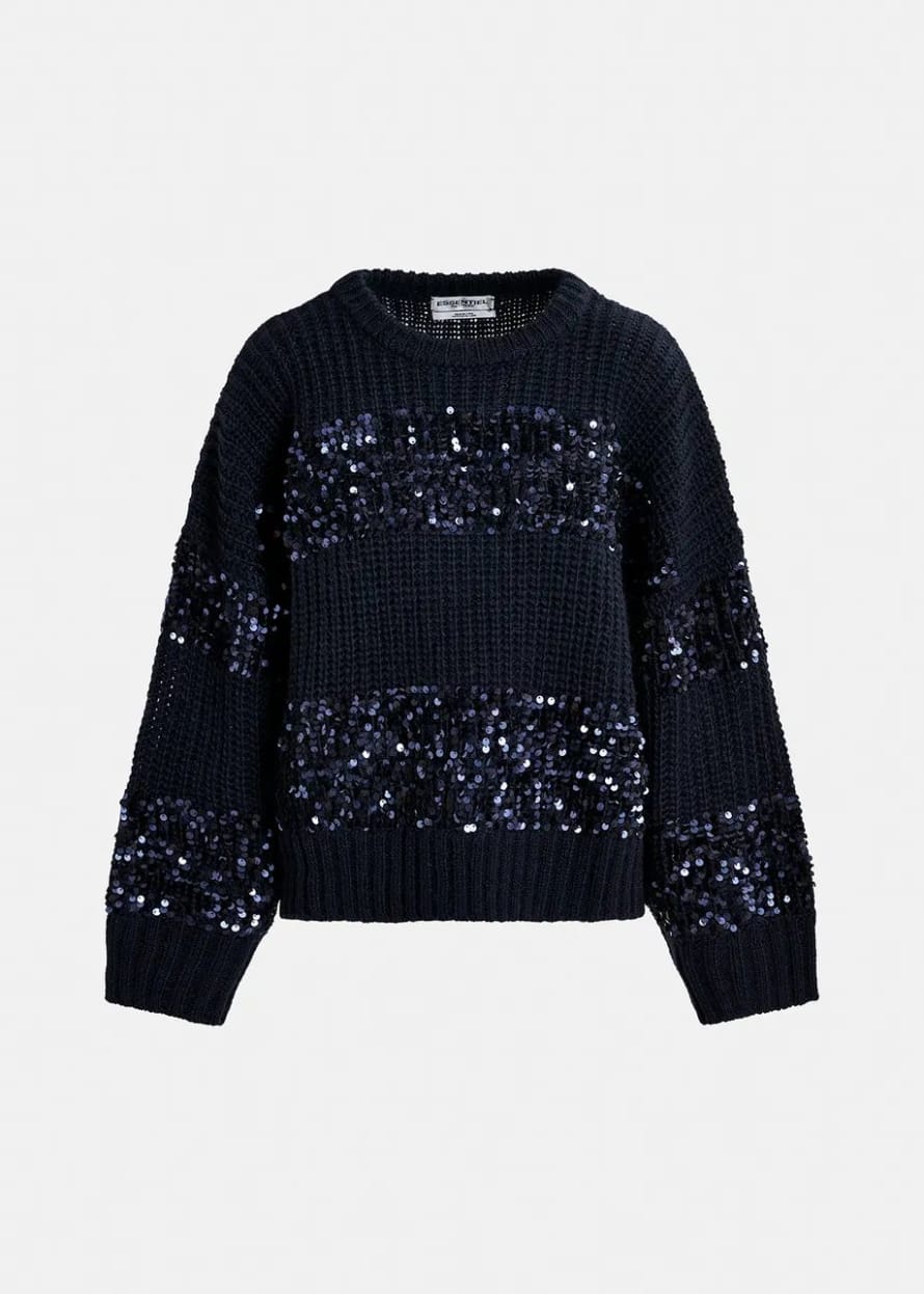 Essentiel Antwerp Navy Blue Group Knit Sweater with Sequin Embellished Stripes