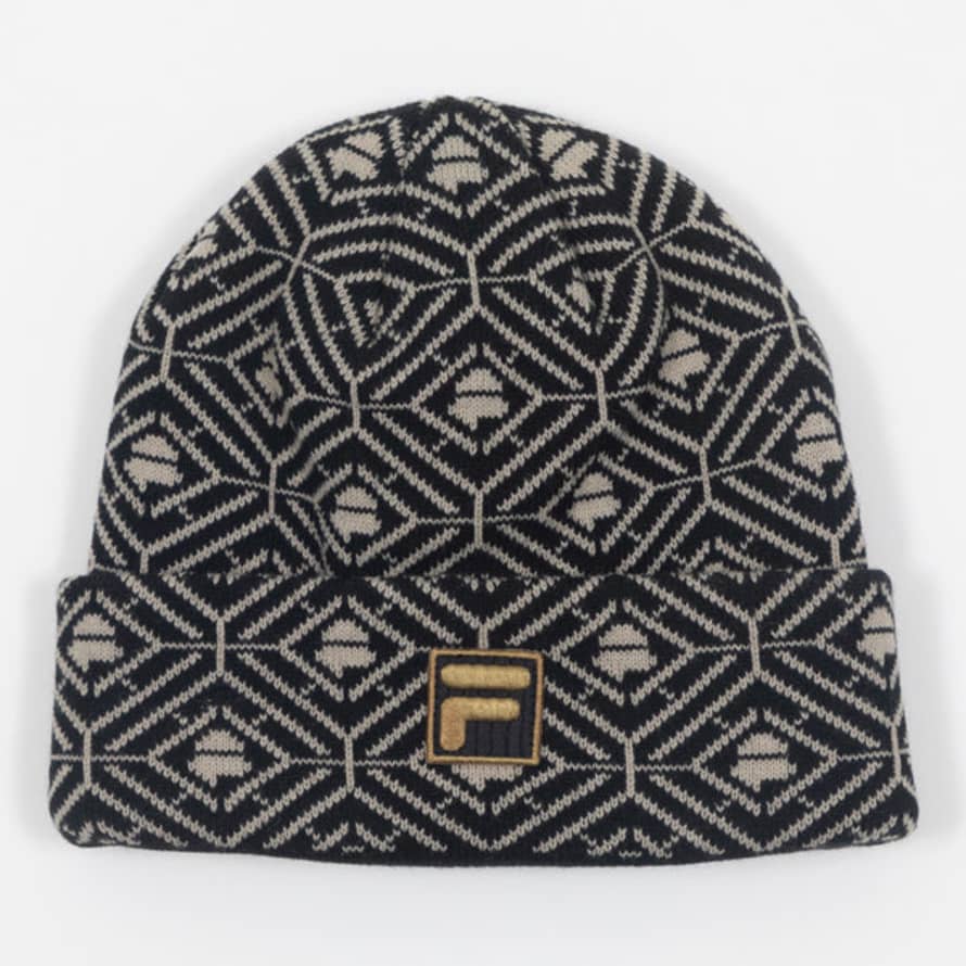 Fila Griggs Pattern Monogram Beanie In Black & Gold